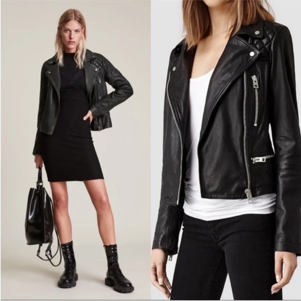 All Saints Quilted Black Leather Jacket - Picture 2 of 8